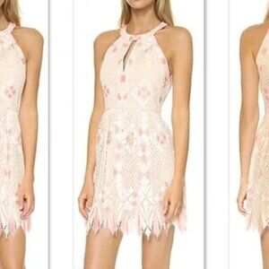BCBG Maxazria Coral Pink Tan Art Deco Lace “Megyn” Halter Neck Dress